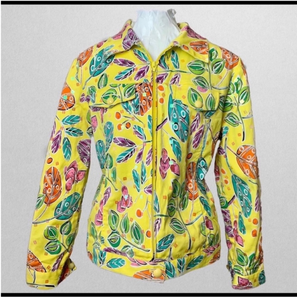 Vintage REDD Yellow Floral Leaf Print Jacket Psychedelic Zip Front Retro Boho